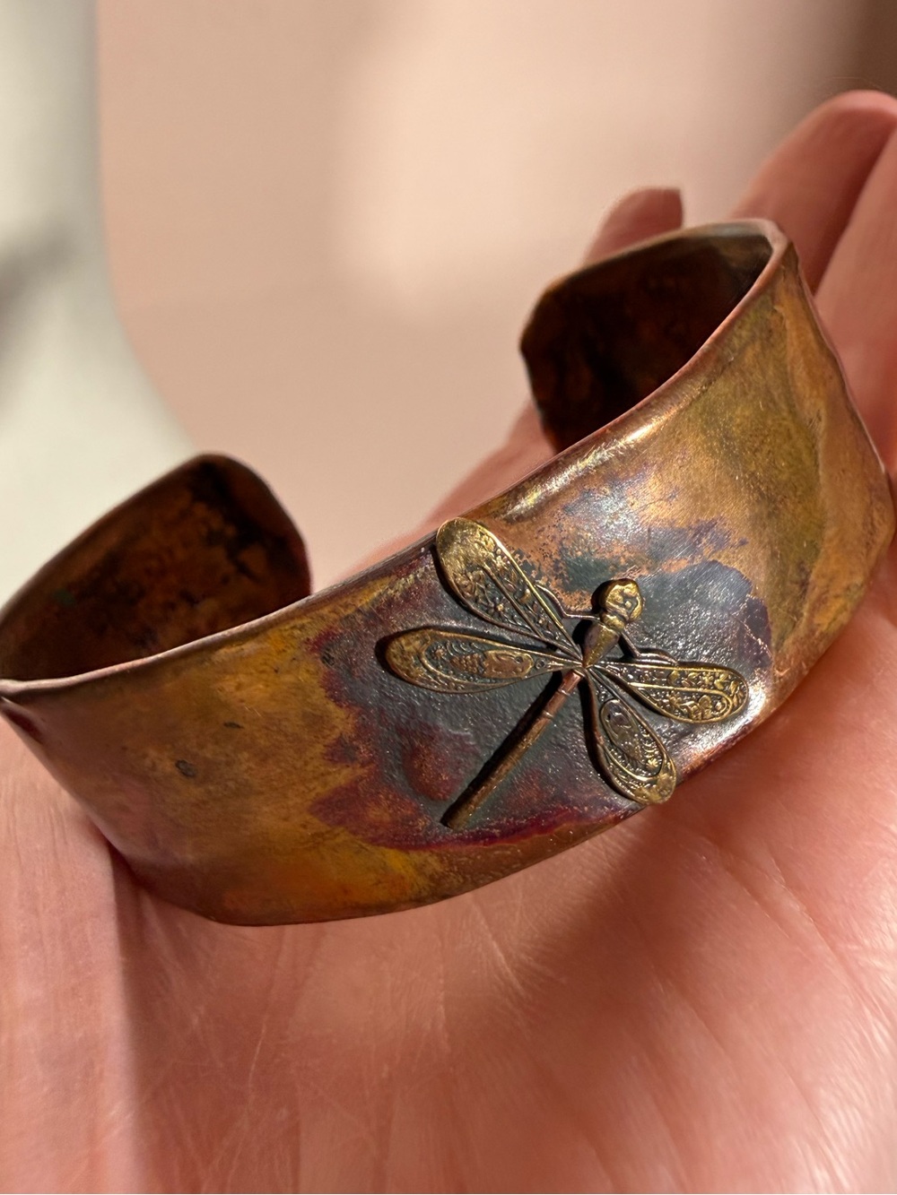 Vintage Boho Heavy Copper Designer Dragonfly Southwestern Wide cuff Bracelet